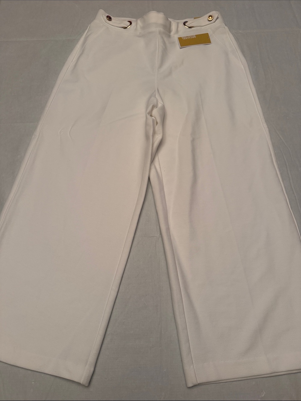 Michael Kors white crop wide leg pull on pants with Gold Ring Accents